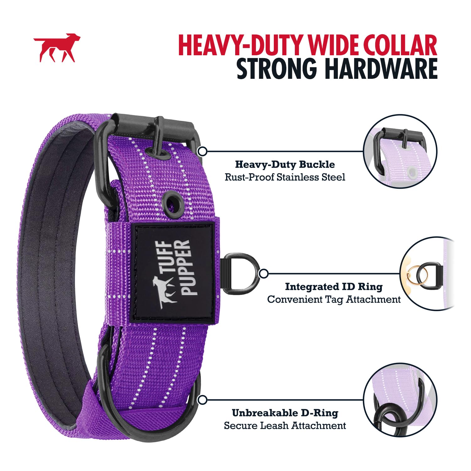 Tuff Pupper Heavy Duty Tactical Dog Collar - 1.5" Ballistic Nylon with Reflective Stitching, ID Tag Holder, Stainless Steel Buckle, Padded Lining, Royal Purple Medium