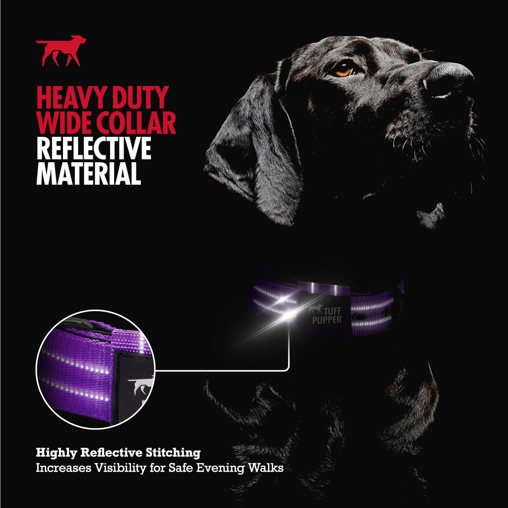 Tuff Pupper Heavy Duty Tactical Dog Collar - 1.5" Ballistic Nylon with Reflective Stitching, ID Tag Holder, Stainless Steel Buckle, Padded Lining, Royal Purple Medium