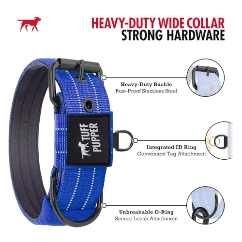 Tuff Pupper Heavy Duty Tactical Dog Collar - 1.5" Wide Ballistic Nylon, Reflective Stitching, Padded Lining, Medium Blue for Medium & Large Dogs