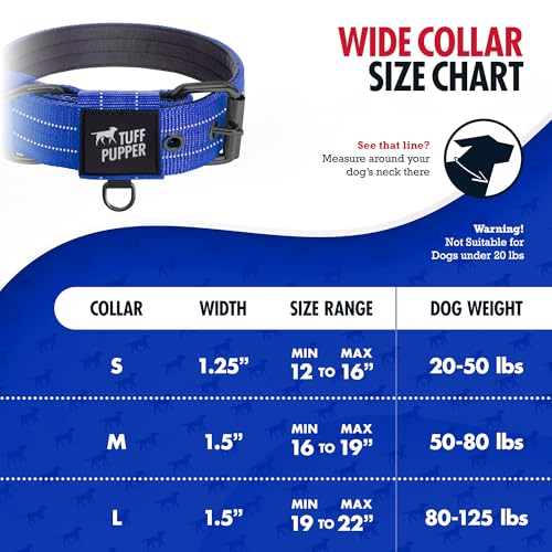 Tuff Pupper Heavy Duty Tactical Dog Collar - 1.5" Wide Ballistic Nylon, Reflective Stitching, Padded Lining, Medium Blue for Medium & Large Dogs
