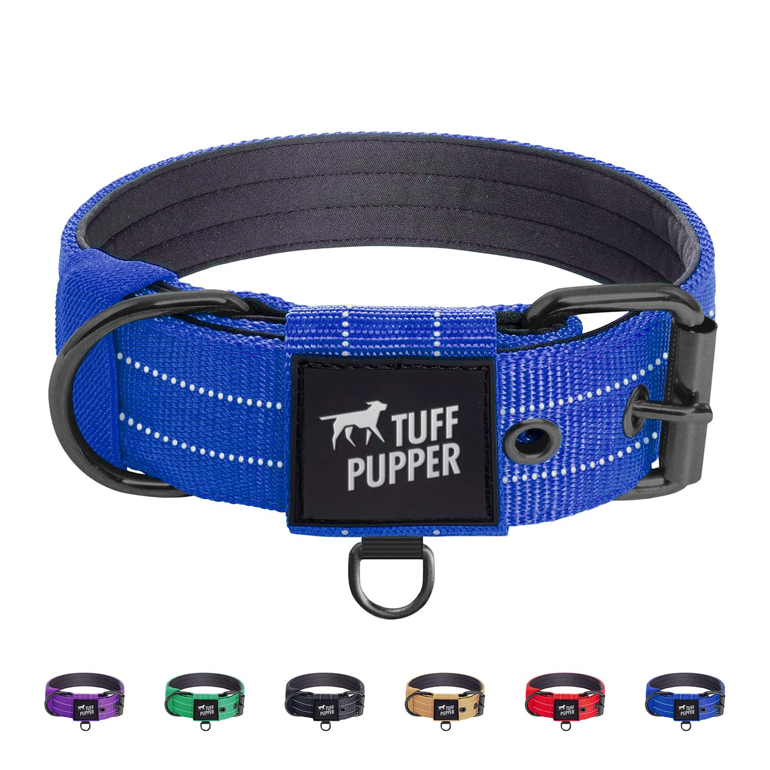 Tuff Pupper Heavy Duty Tactical Dog Collar - 1.5" Wide Ballistic Nylon, Reflective Stitching, Padded Lining, Medium Blue for Medium & Large Dogs