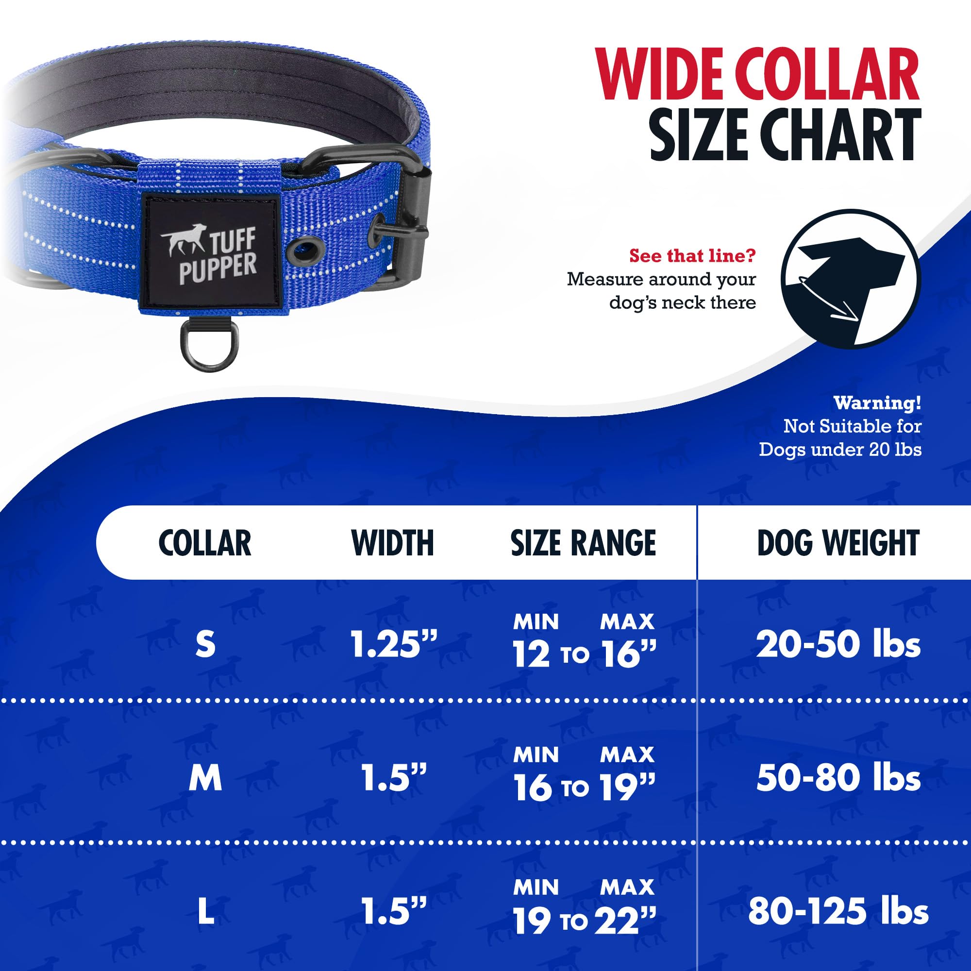 Tuff Pupper Heavy Duty Tactical Dog Collar - 1.5" Wide Ballistic Nylon, Reflective Stitching, Padded Lining, Medium Blue for Medium & Large Dogs