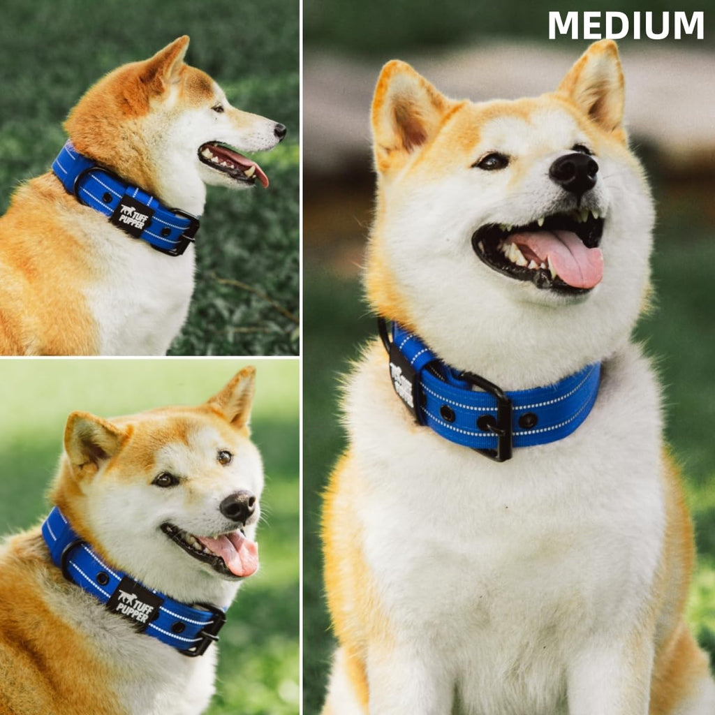 Tuff Pupper Heavy Duty Tactical Dog Collar - 1.5" Wide Ballistic Nylon, Reflective Stitching, Padded Lining, Medium Blue for Medium & Large Dogs