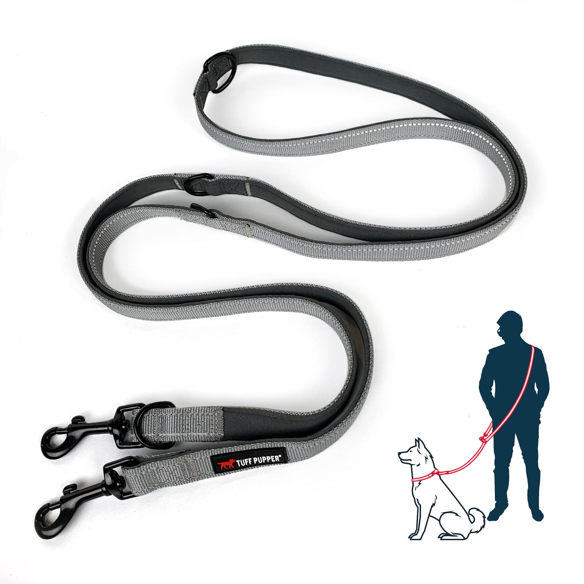 Tuff Pupper Multi Function Crossbody Leash: 8-Foot Hands-Free Dog Leash with 6 Uses, Neoprene Padding, Reflective Stitching