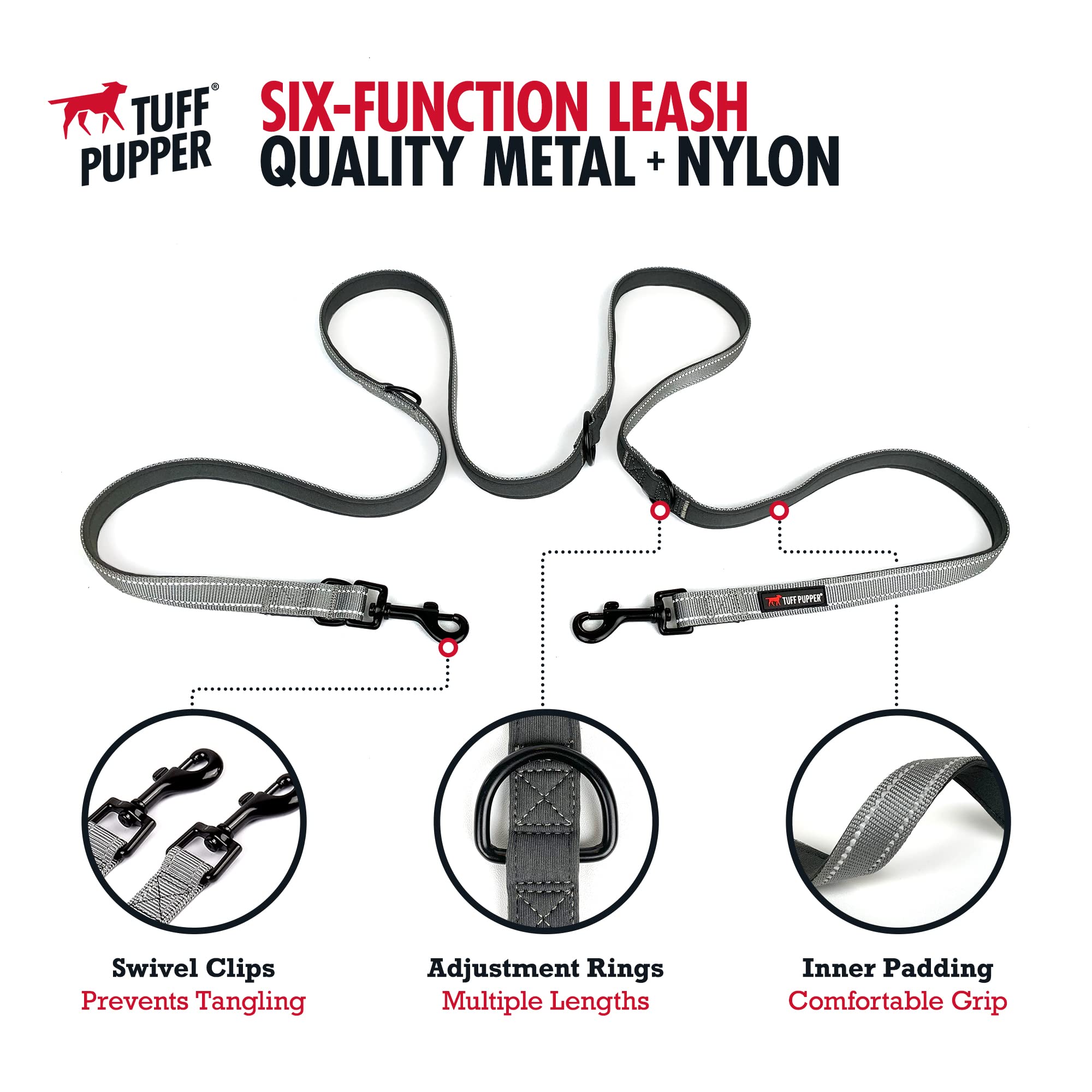 Tuff Pupper Multi Function Crossbody Leash: 8-Foot Hands-Free Dog Leash with 6 Uses, Neoprene Padding, Reflective Stitching