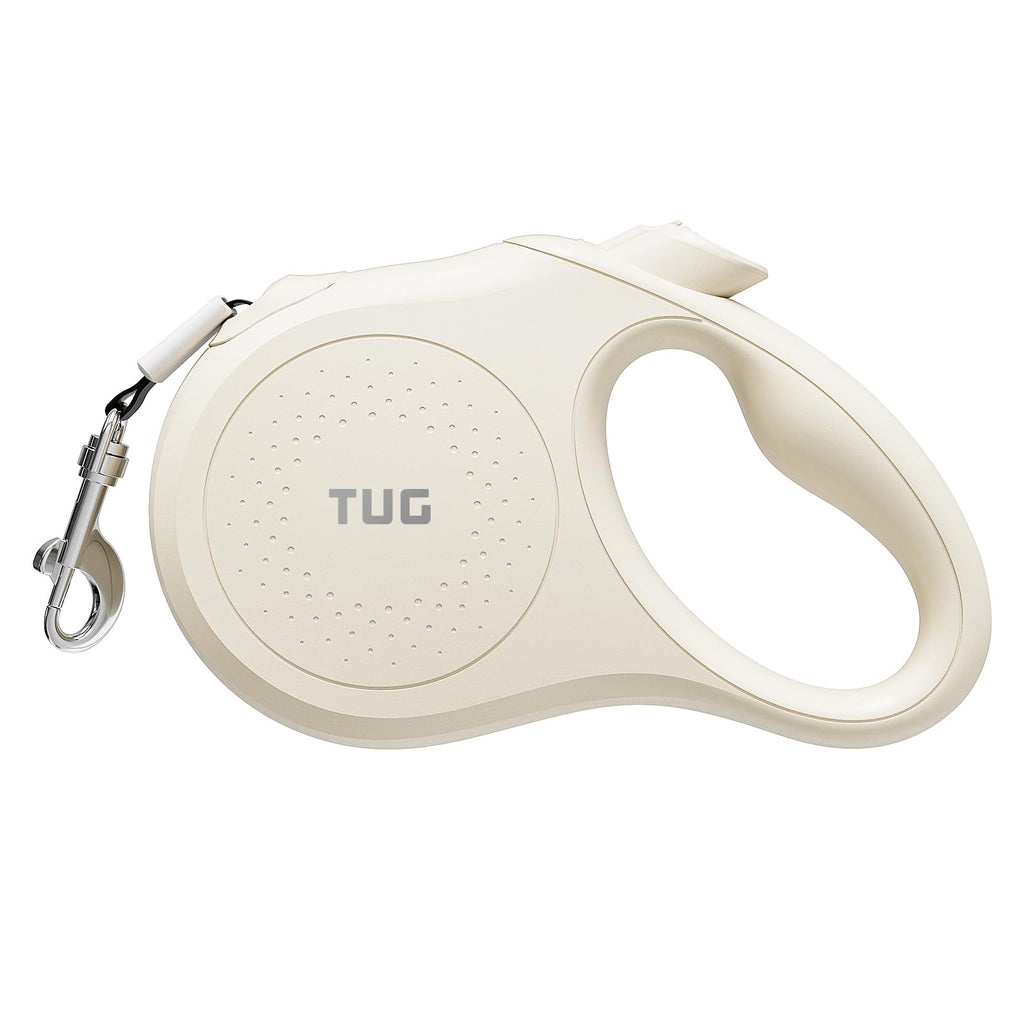 TUG Quest Retractable Dog Leash – 16 ft Nylon Tape, 360° Swivel, One-Hand Brake (Small, Cream)