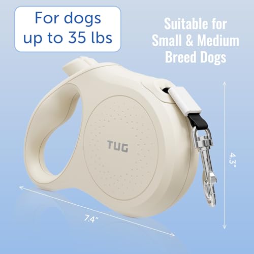 TUG Quest Retractable Dog Leash – 16 ft Nylon Tape, 360° Swivel, One-Hand Brake (Small, Cream)