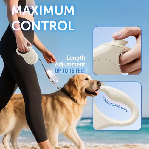 TUG Quest Retractable Dog Leash – 16 ft Nylon Tape, 360° Swivel, One-Hand Brake (Small, Cream)