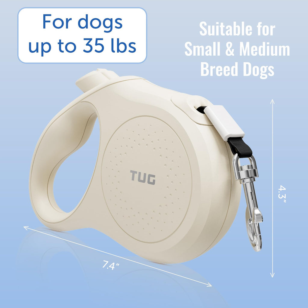 TUG Quest Retractable Dog Leash – 16 ft Nylon Tape, 360° Swivel, One-Hand Brake (Small, Cream)