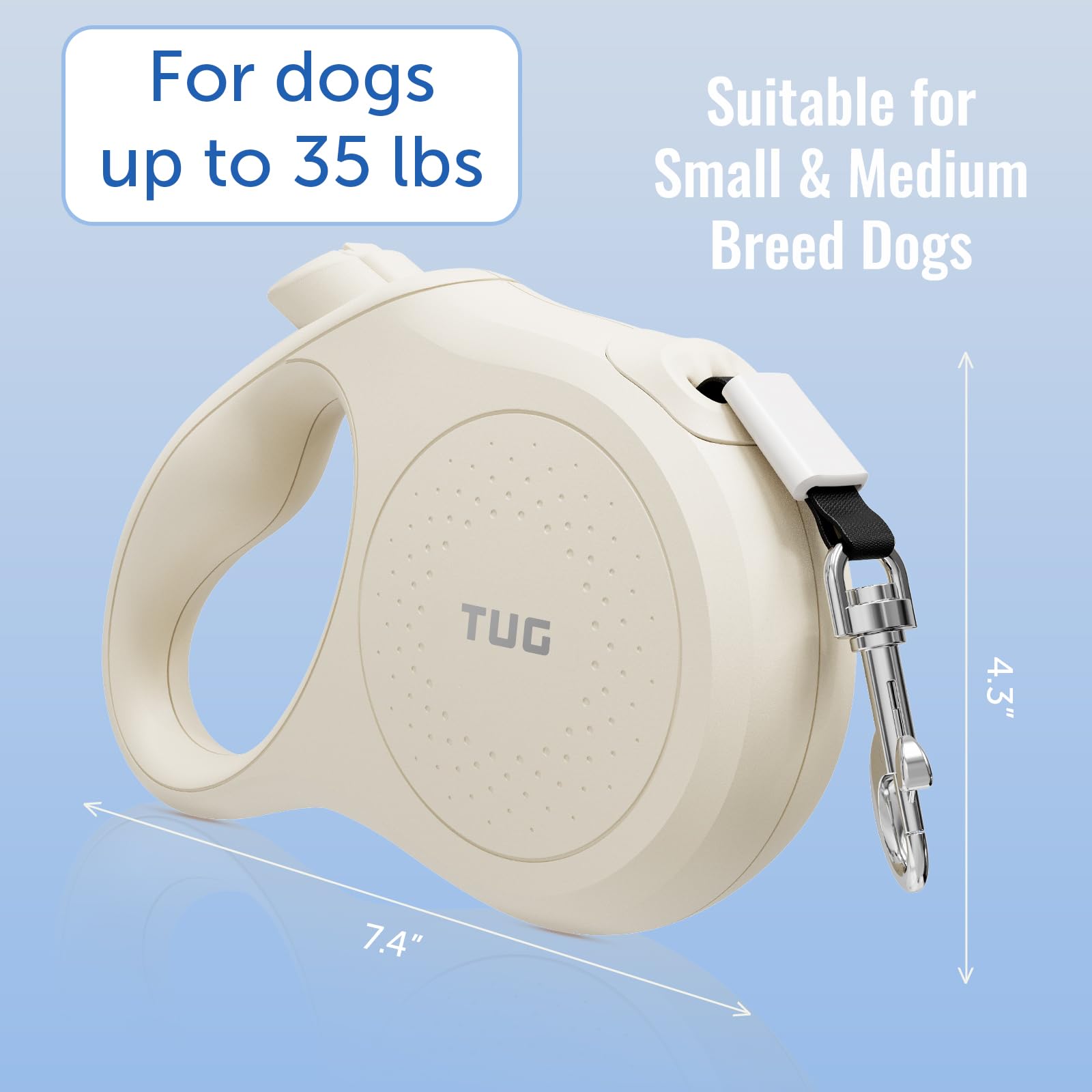 TUG Quest Retractable Dog Leash – 16 ft Nylon Tape, 360° Swivel, One-Hand Brake (Small, Cream)