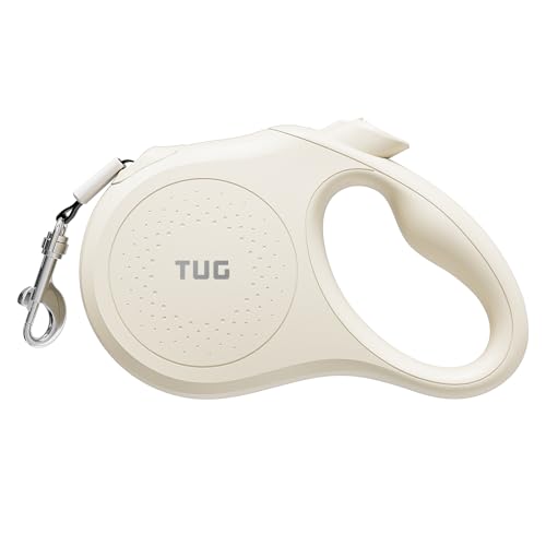 TUG Quest Retractable Dog Leash – 16 ft Nylon Tape, 360° Swivel, One-Hand Brake (Small, Cream)