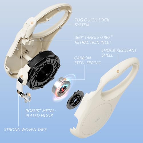 TUG Quest Retractable Dog Leash – 16 ft Nylon Tape, 360° Swivel, One-Hand Brake (Small, Cream)