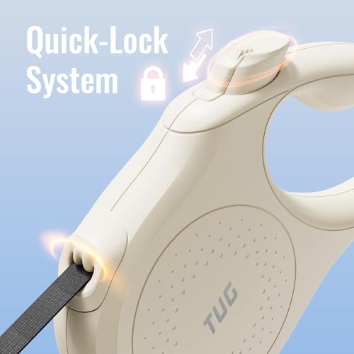 TUG Quest Retractable Dog Leash – 16 ft Nylon Tape, 360° Swivel, One-Hand Brake (Small, Cream)
