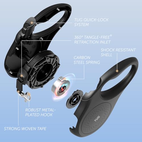 TUG Quest Retractable Dog Leash 16 ft Nylon Tape for Medium Dogs, Black – 360° Swivel & One-Handed Brake