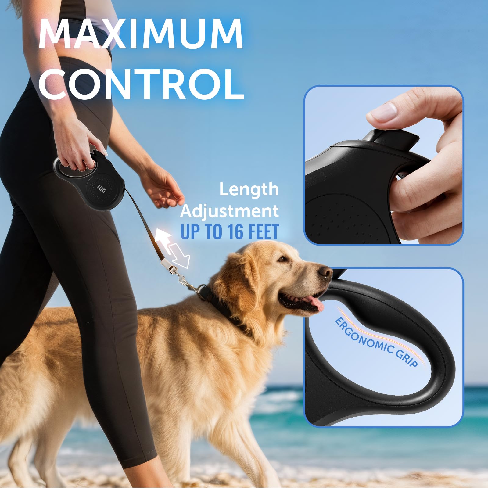 TUG Quest Retractable Dog Leash 16 ft Nylon Tape for Medium Dogs, Black – 360° Swivel & One-Handed Brake