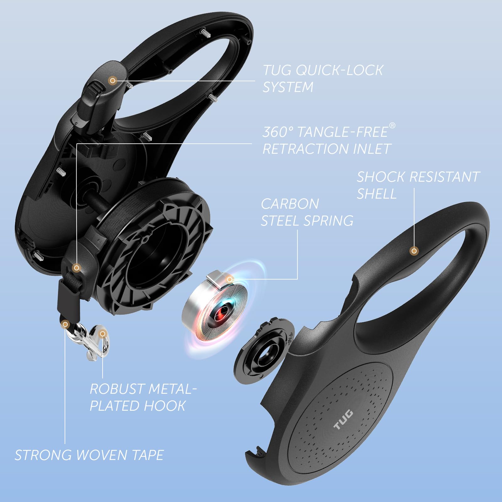 TUG Quest Retractable Dog Leash 16 ft Nylon Tape for Medium Dogs, Black – 360° Swivel & One-Handed Brake