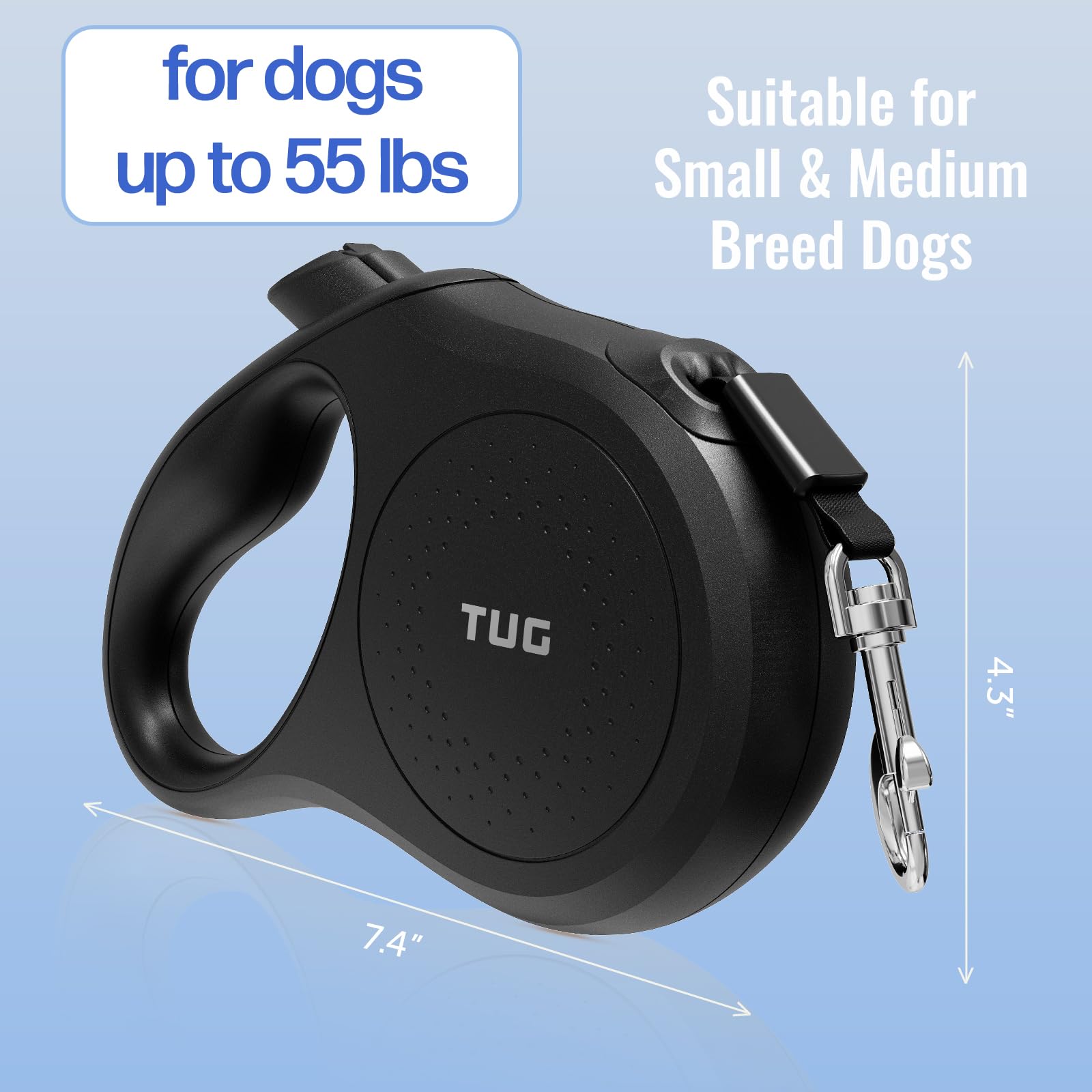 TUG Quest Retractable Dog Leash 16 ft Nylon Tape for Medium Dogs, Black – 360° Swivel & One-Handed Brake