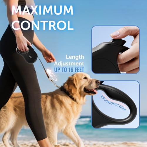 TUG Quest Retractable Dog Leash 16 ft Nylon Tape for Medium Dogs, Black – 360° Swivel & One-Handed Brake