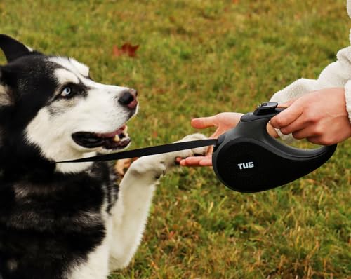 TUG Retractable Dog Leash 16 ft - Anti-Slip Handle, 360° Tangle-Free Tape for Small Dogs (Black/Grey)