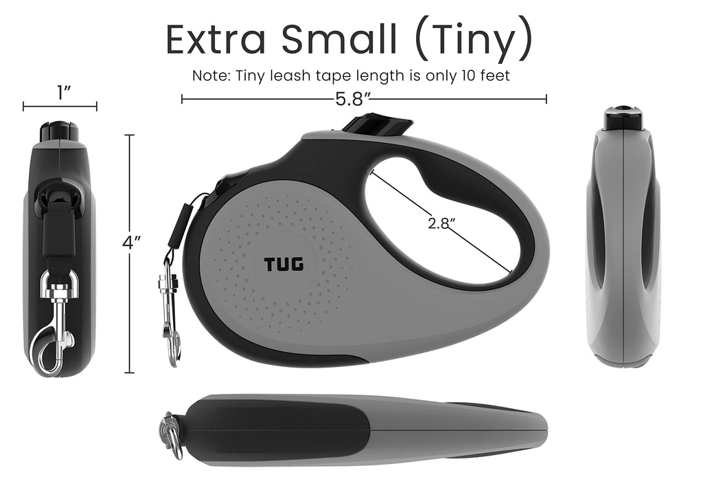 TUG Tiny Retractable Dog Leash 10 ft - Tangle-Free 360° for Dogs Under 26 lbs (Grey)