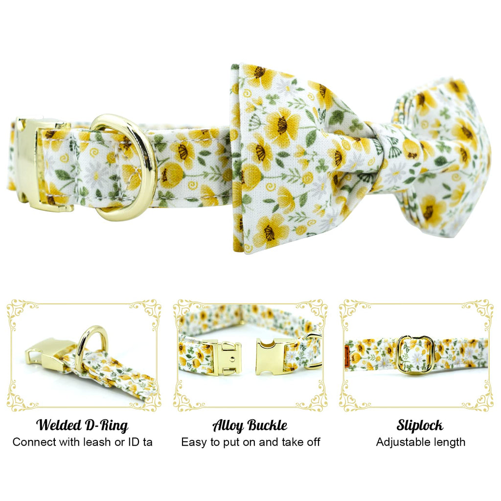 Tunkoo Daisy Floral Dog Collar with Removable Bow Tie - Soft Cotton Adjustable for Small Dogs