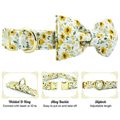 Tunkoo Daisy Floral Dog Collar with Removable Bow Tie - Soft Cotton Adjustable for Small Dogs