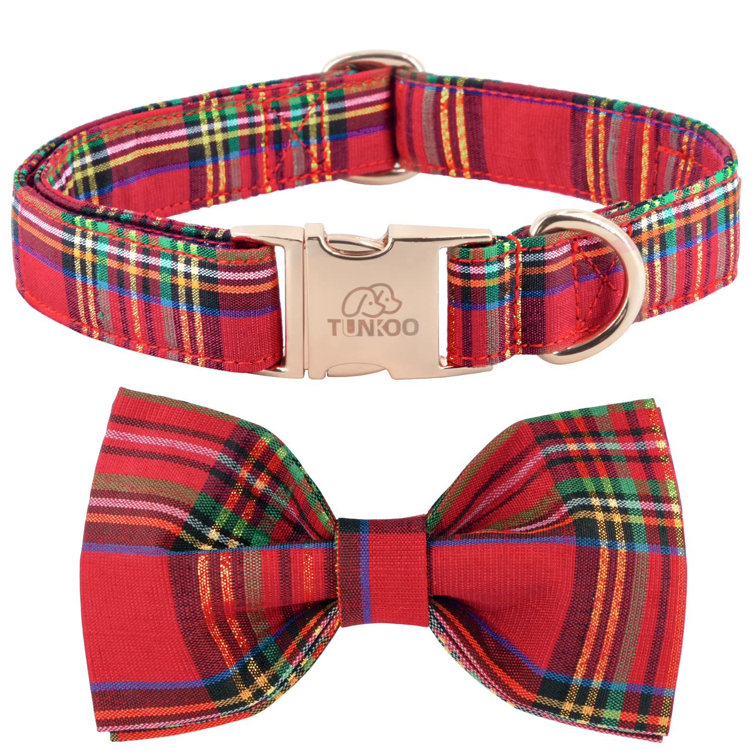 Tunkoo Dog Collar – Christmas Plaid with Detachable Bow Tie, Soft Cotton, Adjustable, Premium Metal Buckle (Red Plaid, Small)