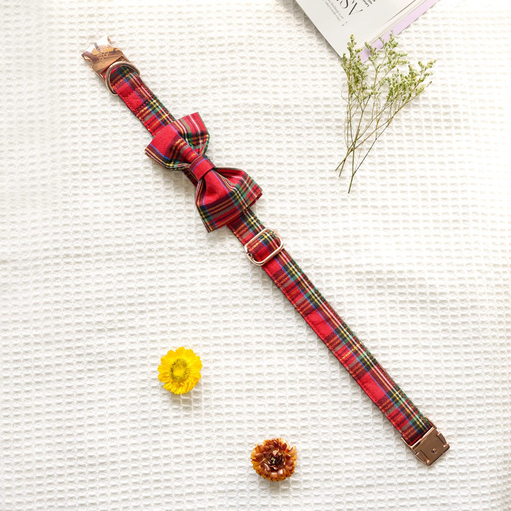 Tunkoo Dog Collar – Christmas Plaid with Detachable Bow Tie, Soft Cotton, Adjustable, Premium Metal Buckle (Red Plaid, Small)