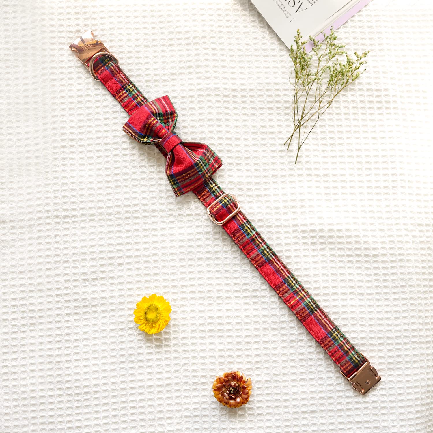 Tunkoo Dog Collar – Christmas Plaid with Detachable Bow Tie, Soft Cotton, Adjustable, Premium Metal Buckle (Red Plaid, Small)