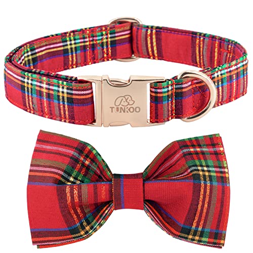 Tunkoo Dog Collar – Christmas Plaid with Detachable Bow Tie, Soft Cotton, Adjustable, Premium Metal Buckle (Red Plaid, Small)