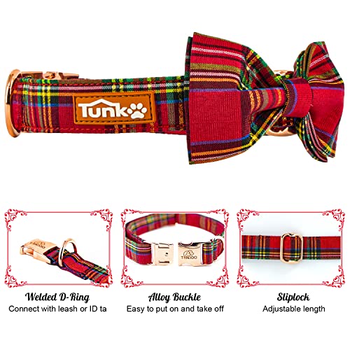 Tunkoo Dog Collar – Christmas Plaid with Detachable Bow Tie, Soft Cotton, Adjustable, Premium Metal Buckle (Red Plaid, Small)