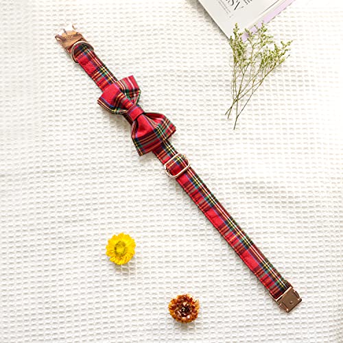 Tunkoo Dog Collar – Christmas Plaid with Detachable Bow Tie, Soft Cotton, Adjustable, Premium Metal Buckle (Red Plaid, Small)