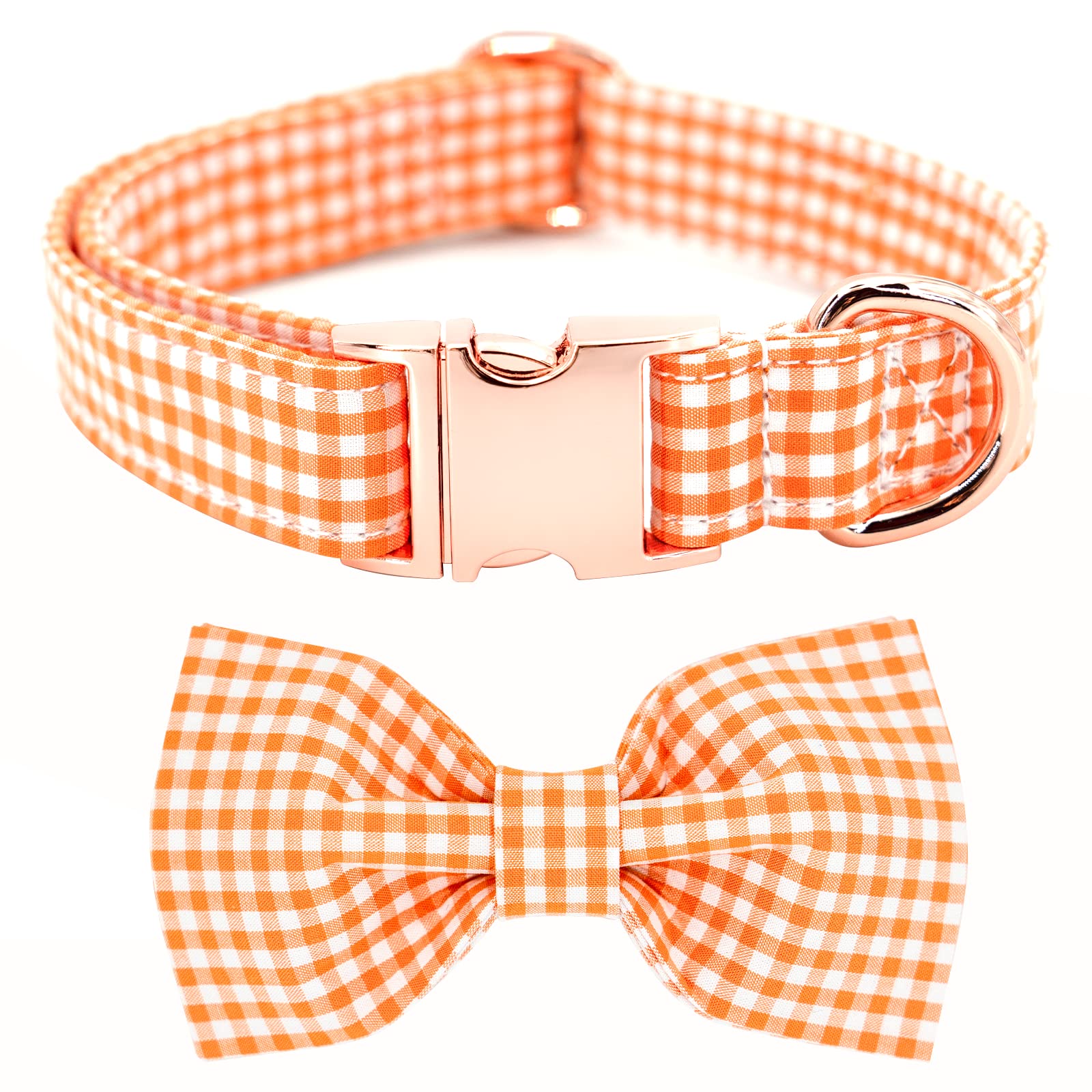 Tunkoo Plaid Dog Collar with Removable Bow Tie - Adjustable Cotton Collar for Small to Large Dogs - Orange Grid, Medium