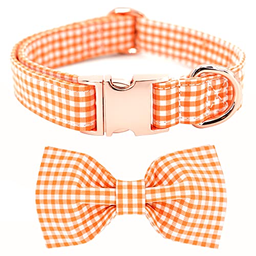 Tunkoo Plaid Dog Collar with Removable Bow Tie - Adjustable Cotton Collar for Small to Large Dogs - Orange Grid, Medium