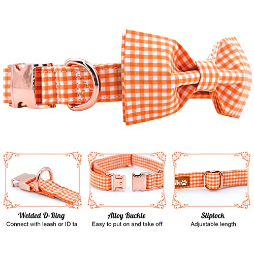 Tunkoo Plaid Dog Collar with Removable Bow Tie - Adjustable Cotton Collar for Small to Large Dogs - Orange Grid, Medium