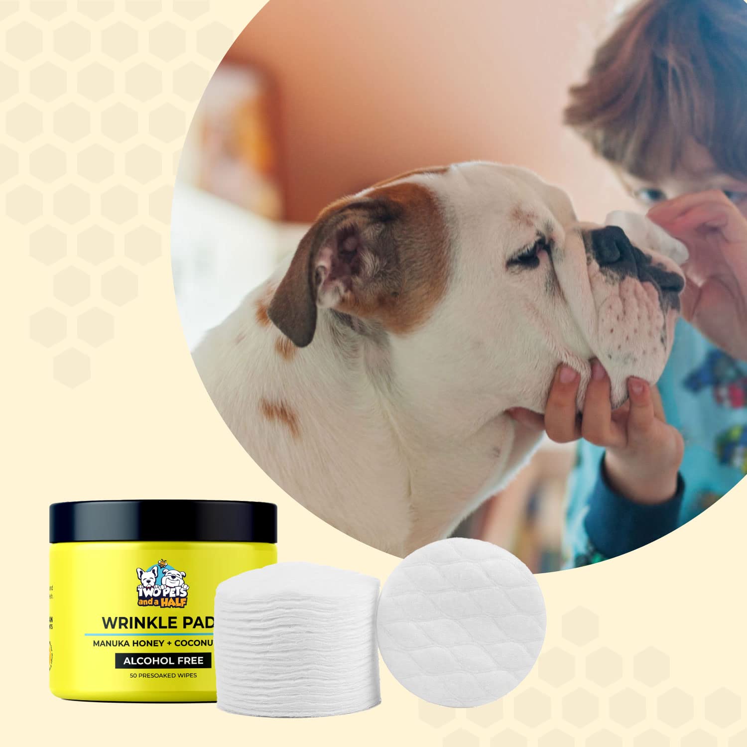 Two Pets and a Half Wrinkle Wipes for Bulldogs - 50 Organic Dog Face Wipes with Manuka Honey