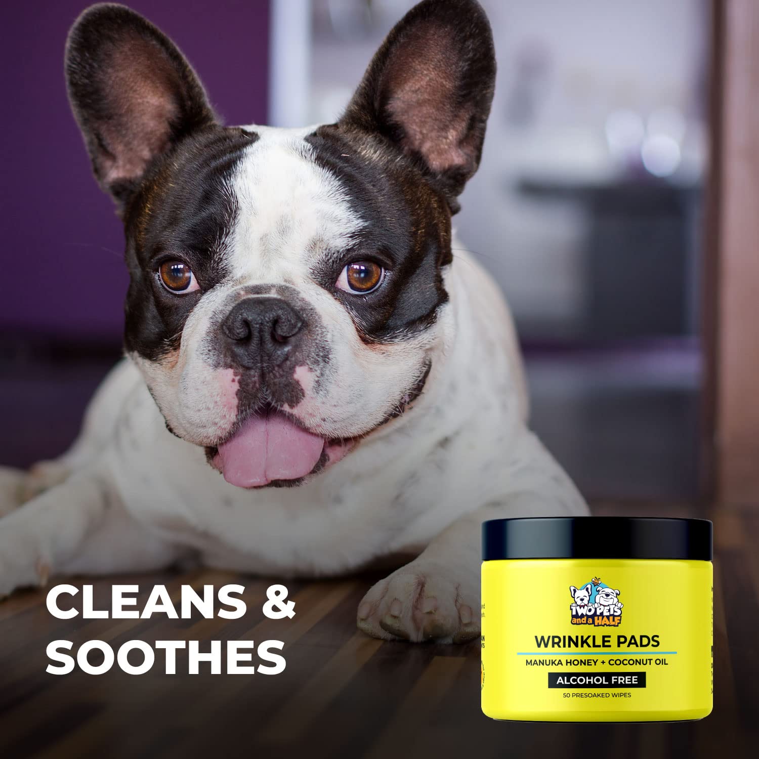 Two Pets and a Half Wrinkle Wipes for Bulldogs - 50 Organic Dog Face Wipes with Manuka Honey