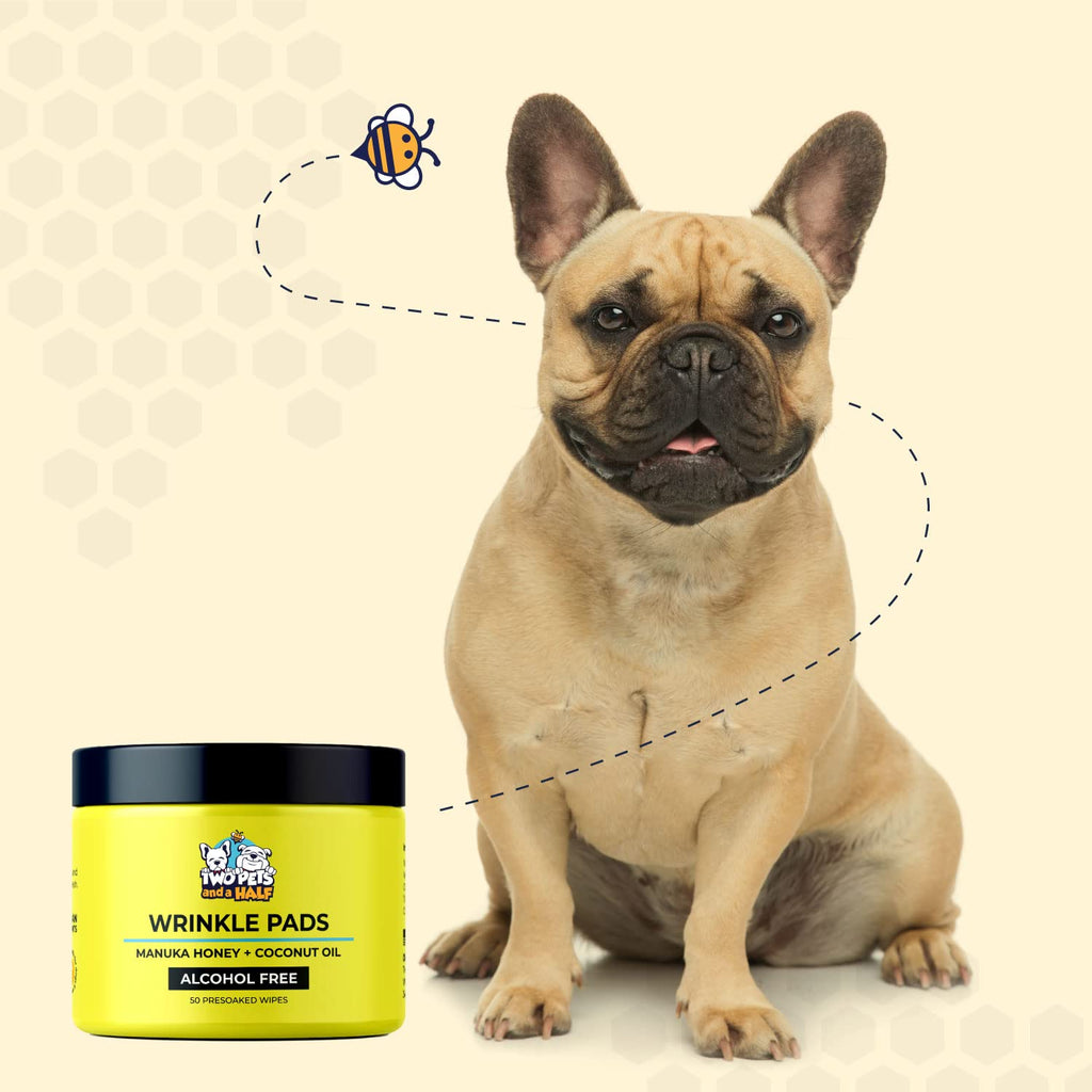 Two Pets and a Half Wrinkle Wipes for Bulldogs - 50 Organic Dog Face Wipes with Manuka Honey