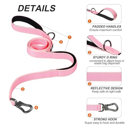 TwoEar 4ft Pink Dog Leash with Dual Padded Handles and Reflective Threads - Auto Lock Hook, Durable Nylon for Small to Large Dogs