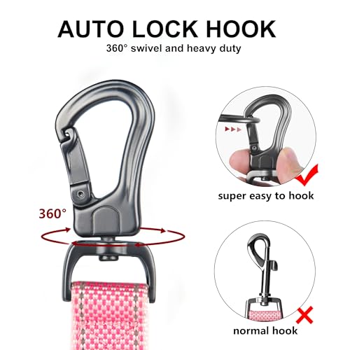 TwoEar 4ft Pink Dog Leash with Dual Padded Handles and Reflective Threads - Auto Lock Hook, Durable Nylon for Small to Large Dogs