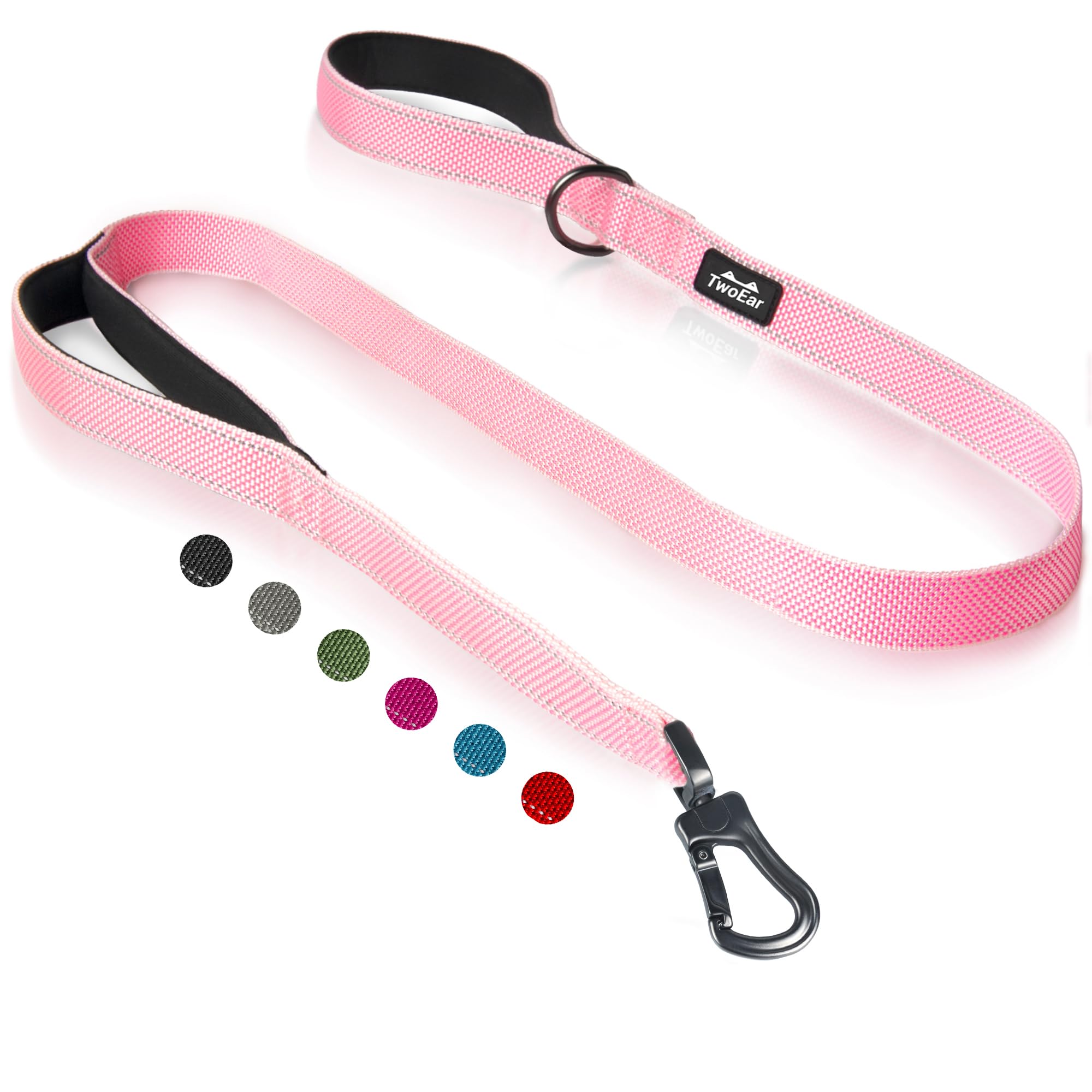 TwoEar 4ft Pink Dog Leash with Dual Padded Handles and Reflective Threads - Auto Lock Hook, Durable Nylon for Small to Large Dogs