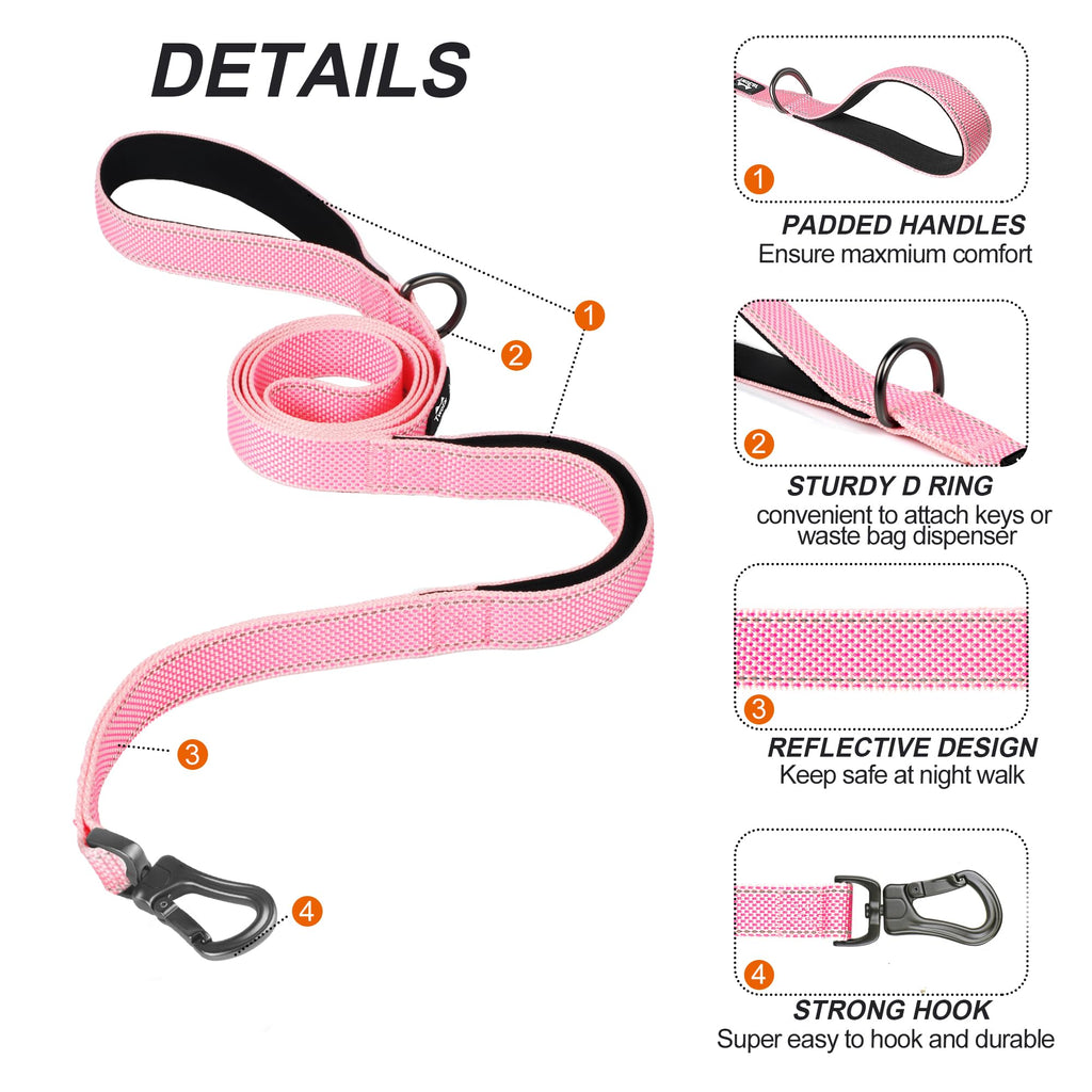 TwoEar 4ft Pink Dog Leash with Dual Padded Handles and Reflective Threads - Auto Lock Hook, Durable Nylon for Small to Large Dogs