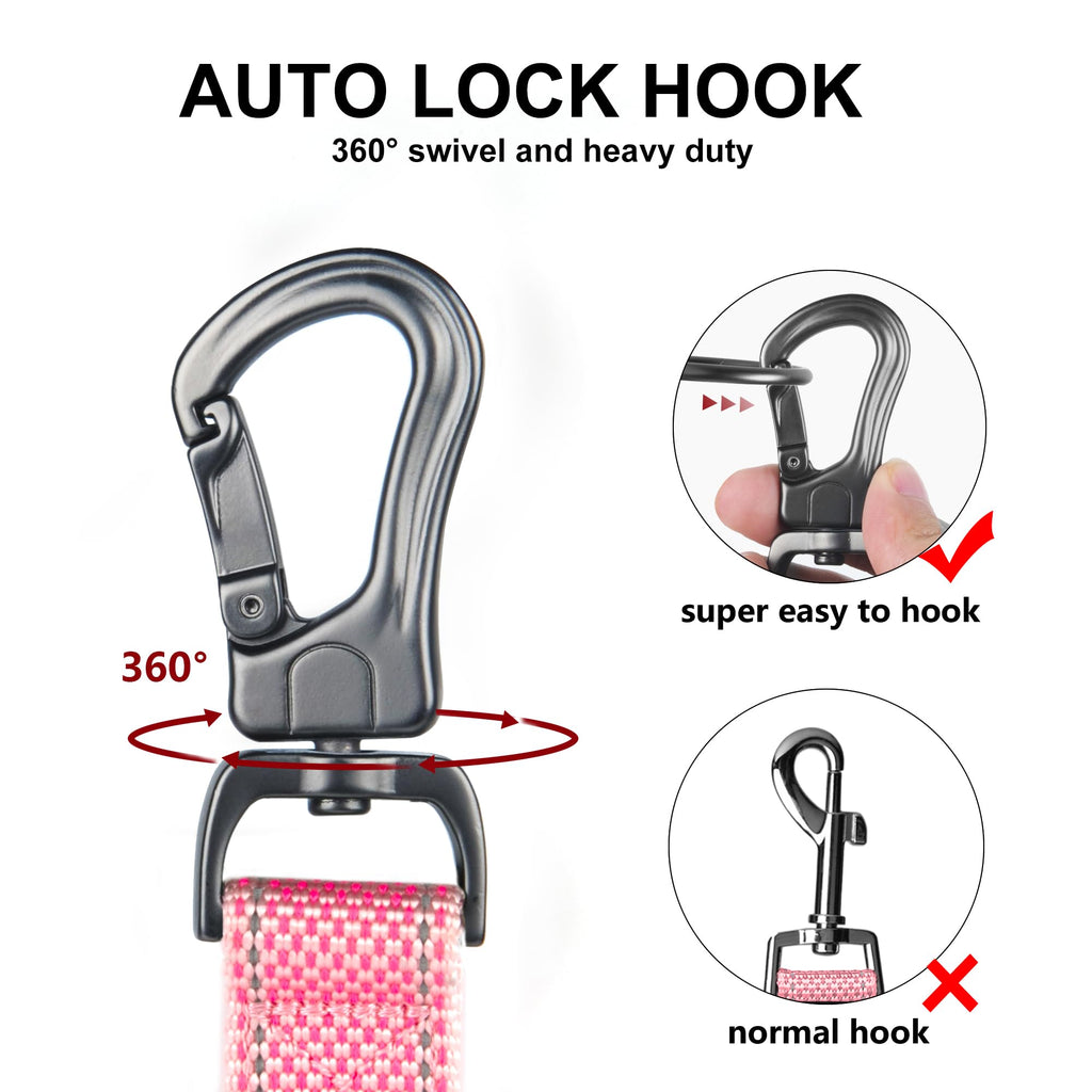 TwoEar 4ft Pink Dog Leash with Dual Padded Handles and Reflective Threads - Auto Lock Hook, Durable Nylon for Small to Large Dogs