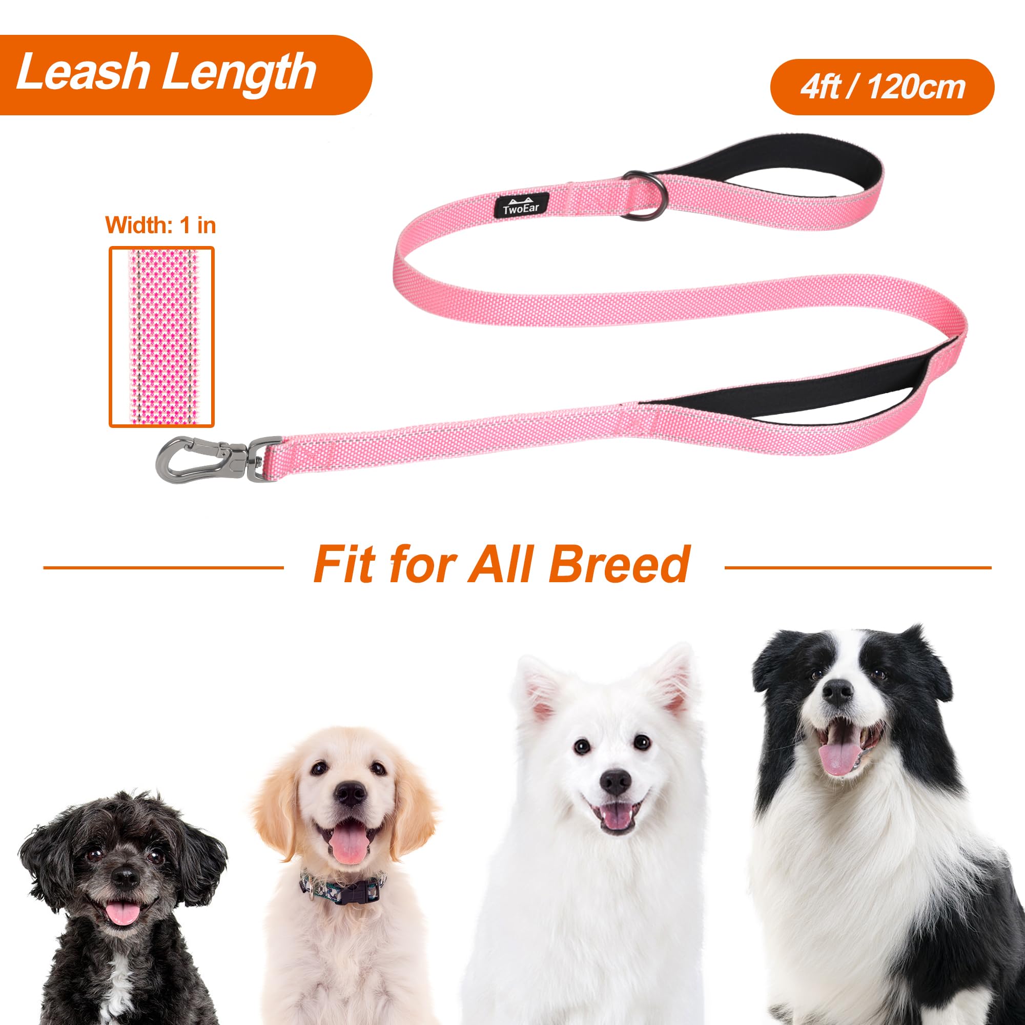 TwoEar 4ft Pink Dog Leash with Dual Padded Handles and Reflective Threads - Auto Lock Hook, Durable Nylon for Small to Large Dogs