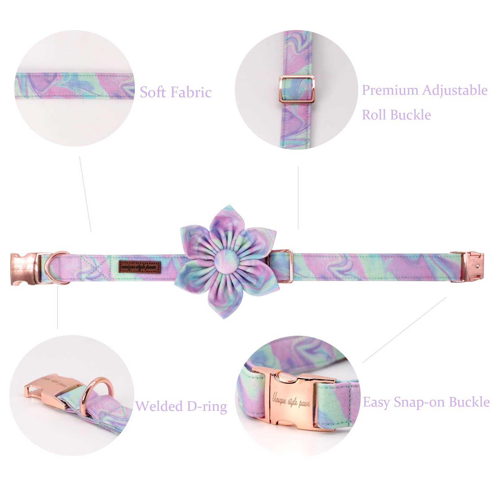 Unique Style Paws Adjustable Dog Collar with Detachable Flower – Purple, Cotton, Sizes XS to XL