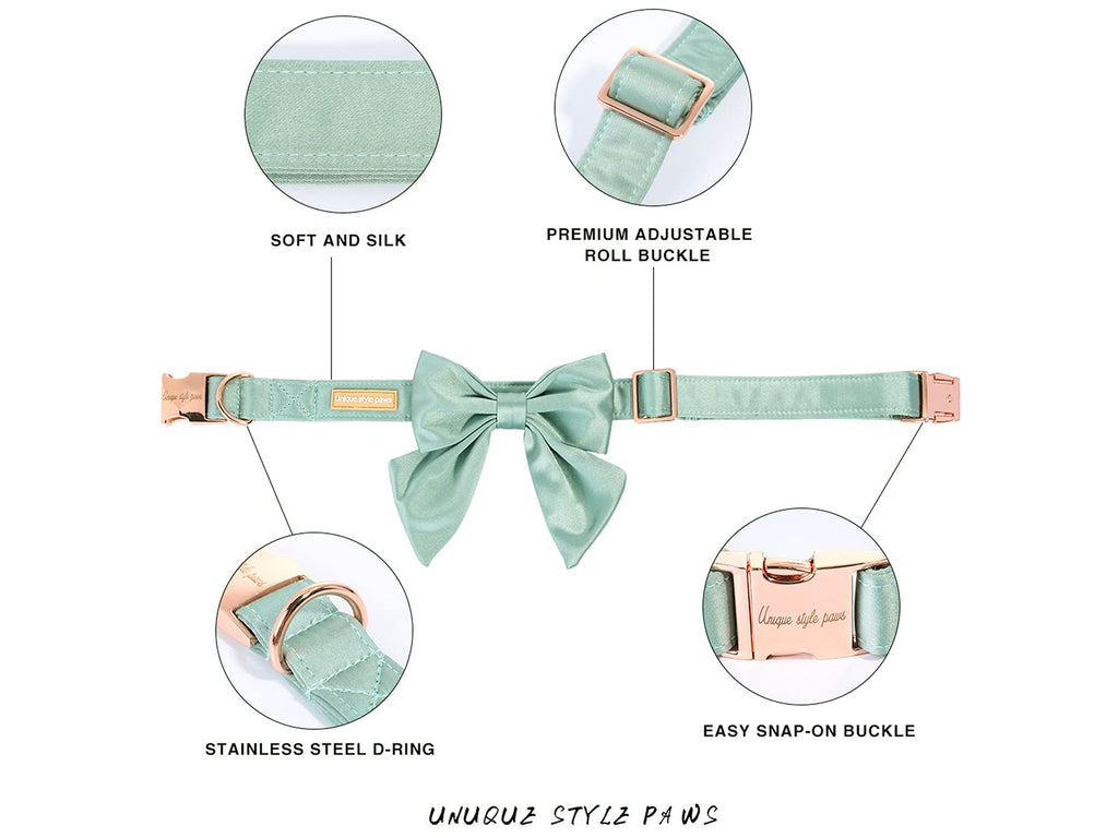 Unique style paws Bean Green Silk Dog Collar with Removable Bow for X-Small Dogs and Cats