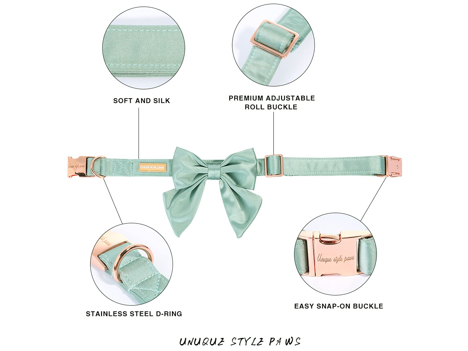 Unique style paws Bean Green Silk Dog Collar with Removable Bow for X-Small Dogs and Cats