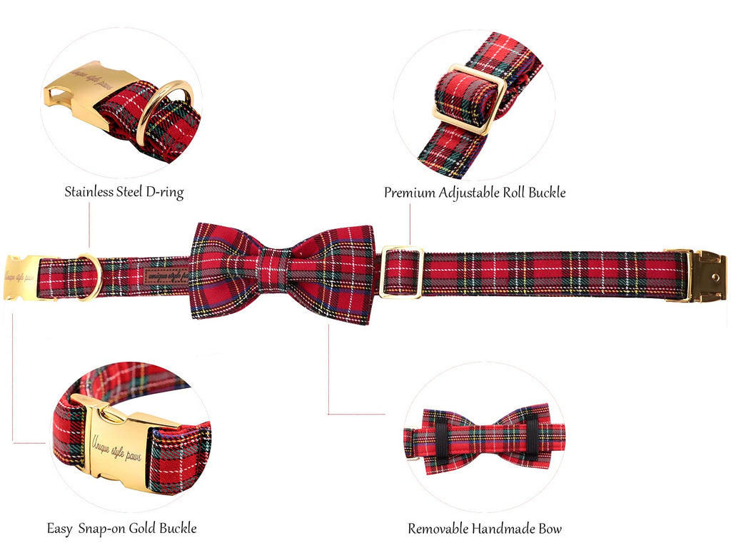 Unique Style Paws Christmas Dog Collar with Removable Bow Tie - Adjustable Cotton Collar for Small, Medium, Large Dogs
