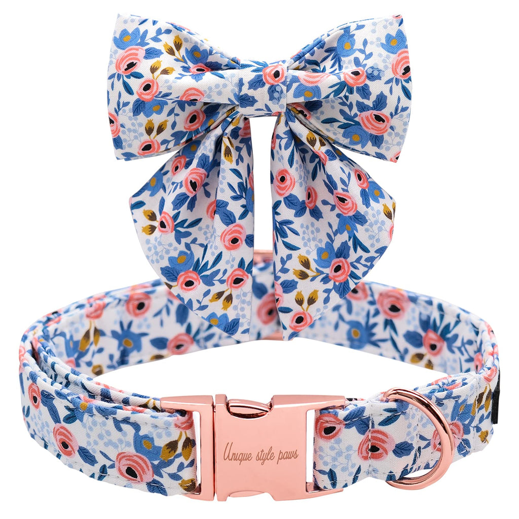 Unique Style Paws Dog Collar with Removable Blue Bowtie – Adjustable Cotton Puppy Collar for Small to Medium Dogs and Cats (M)