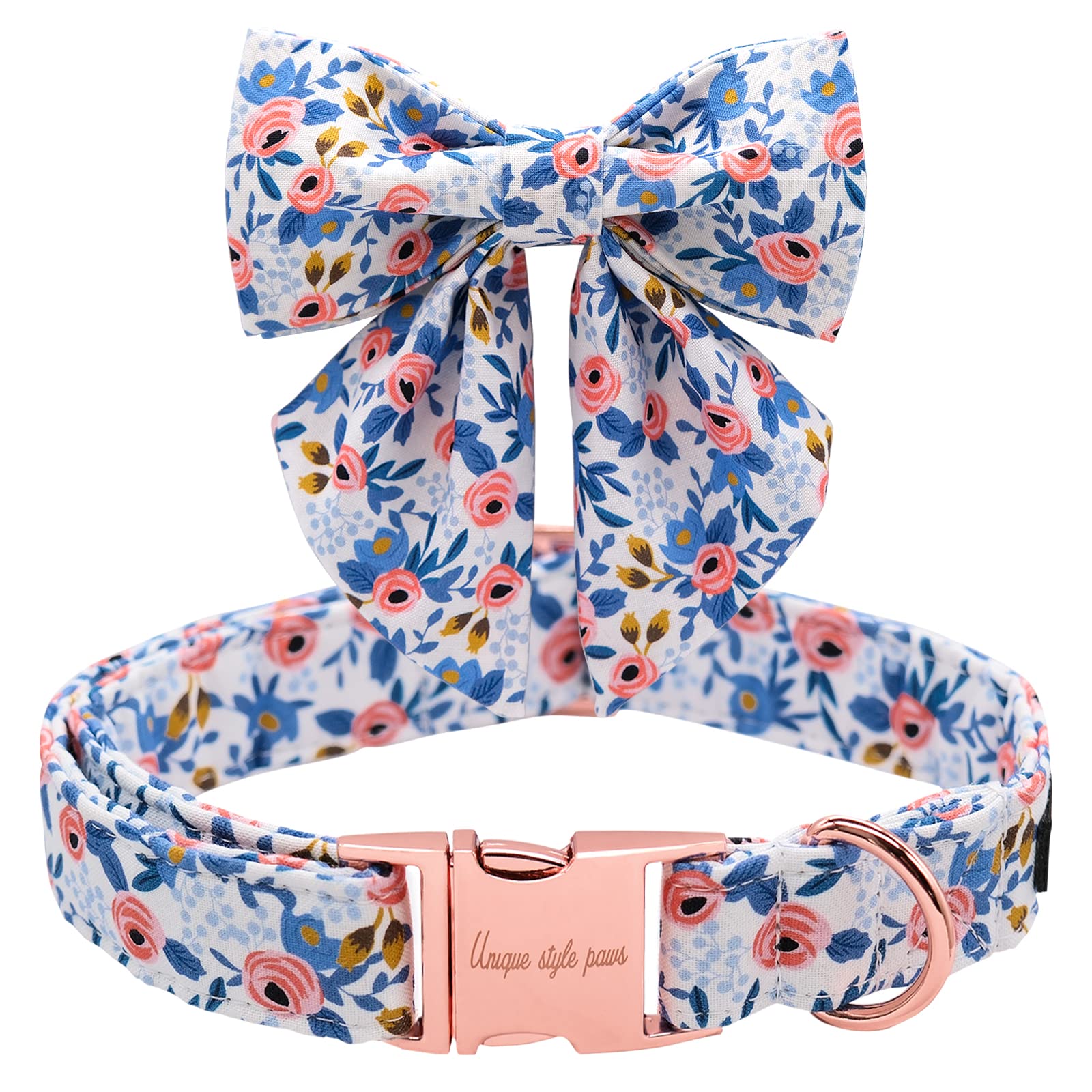 Unique Style Paws Dog Collar with Removable Blue Bowtie – Adjustable Cotton Puppy Collar for Small to Medium Dogs and Cats (M)